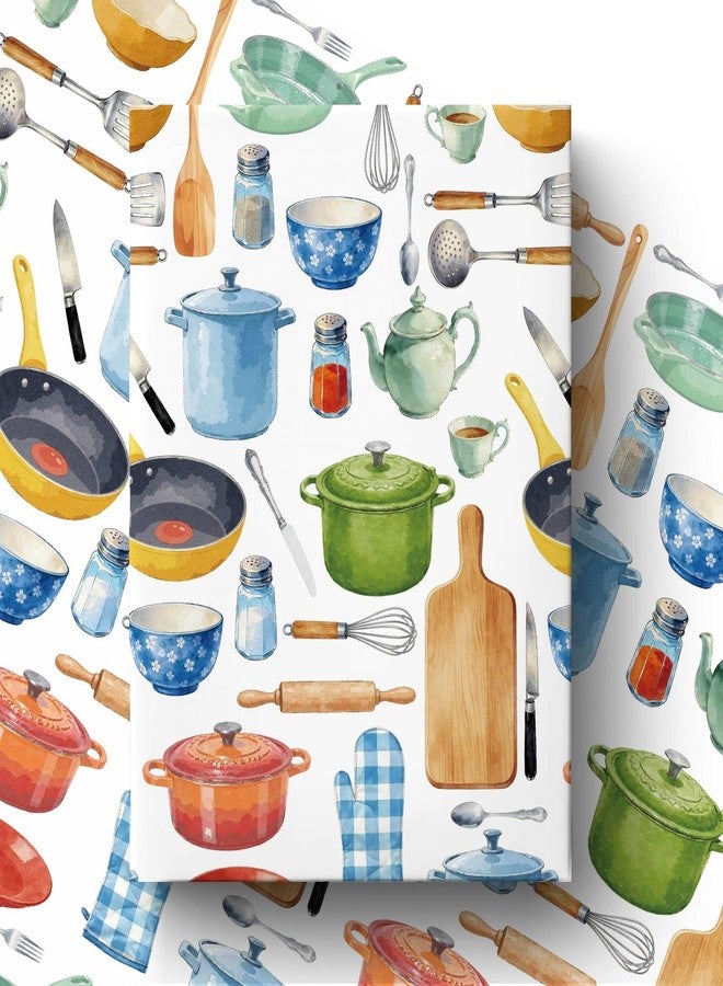 Liobelon Kitchen Theme Wrapping Paper Roll - 17 Inch x 16.4 Ft - Watercolor Cookware Design Gift Wrap, Kitchen Utensils Gift Packing Supplies for Cooking Chef Birthday, Housewarming, Holiday Party Presents - Image 1