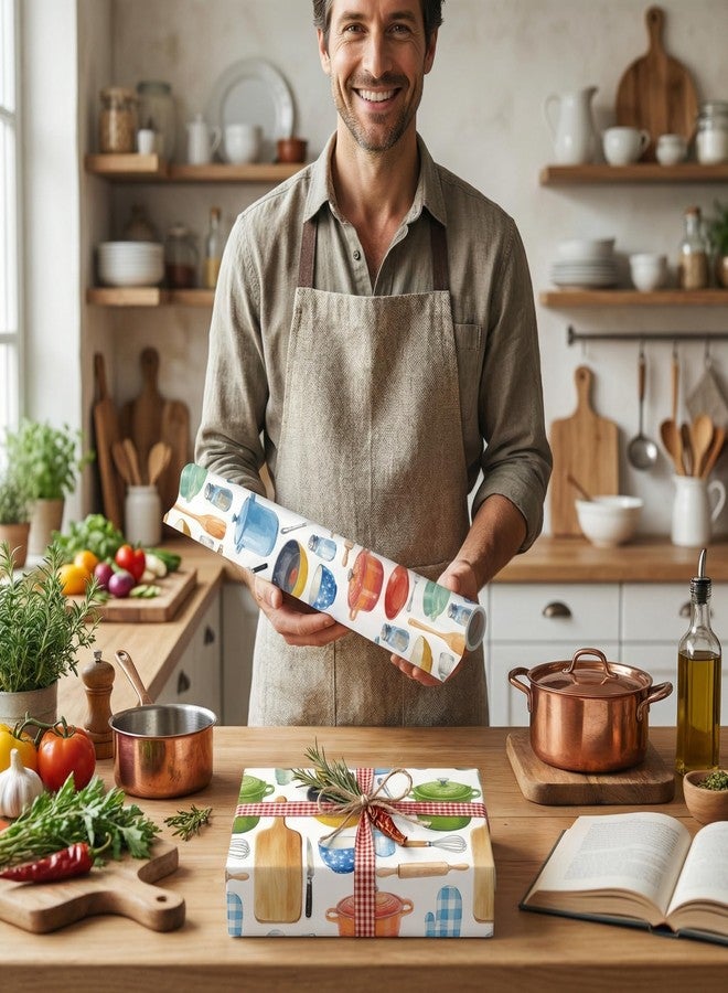 Liobelon Kitchen Theme Wrapping Paper Roll - 17 Inch x 16.4 Ft - Watercolor Cookware Design Gift Wrap, Kitchen Utensils Gift Packing Supplies for Cooking Chef Birthday, Housewarming, Holiday Party Presents - Image 5