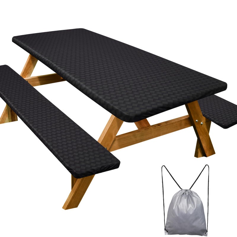 Play Tailor Picnic Table Cover with Bench Covers Camping Essentials Waterproof Windproof Camping Tablecloth with Drawstring Bag  Fitted Rectangle Tables and Seats  72in  Black - Image 1