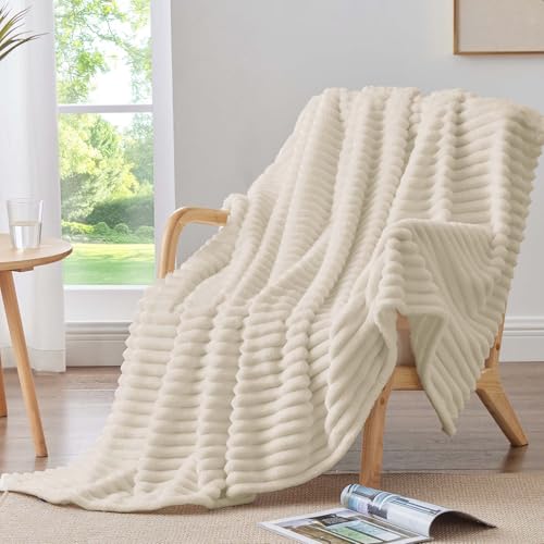 BEDELITE Twin Blanket for Couch Bed 300GSM Soft Warm Fleece Blanket Decorative and Giftable Striped Beige Blankets for Women Men 60x80 - Image 3