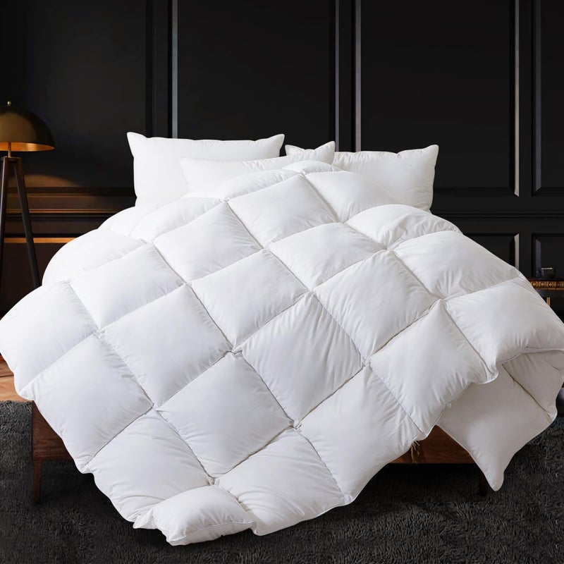 WhatsBedding Queen Size Feather Comforter, Filled with Feather and Down, White All Season Duvet Insert - Luxurious Hotel Bed Comforter - 100% Cotton Cover, Medium Warmth with Corner Tabs - 90x90 Inch - Image 1