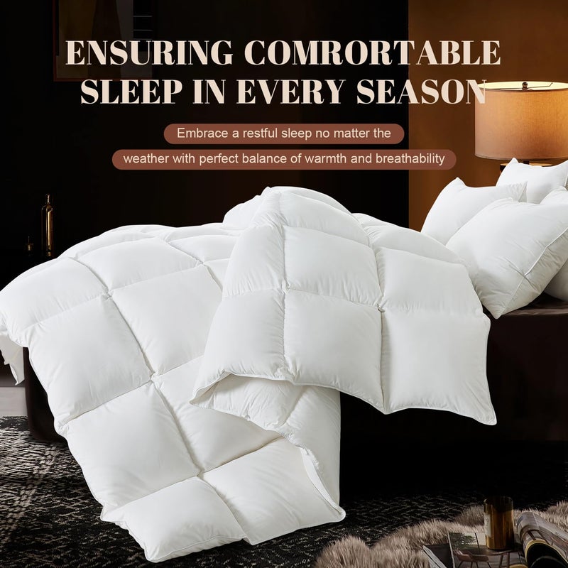 WhatsBedding Queen Size Feather Comforter, Filled with Feather and Down, White All Season Duvet Insert - Luxurious Hotel Bed Comforter - 100% Cotton Cover, Medium Warmth with Corner Tabs - 90x90 Inch - Image 2