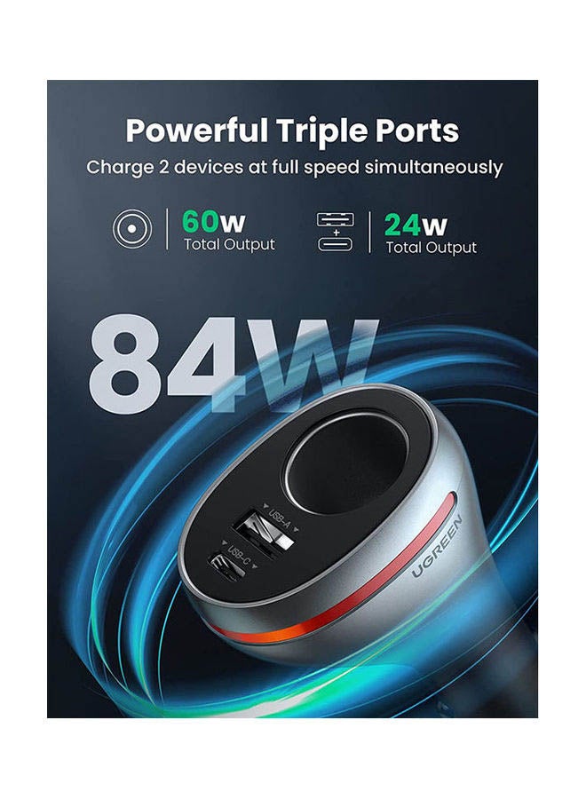 Ugreen Car Charger with Dual USB Ports Single Extension Socket (PD 20W) - Image 2