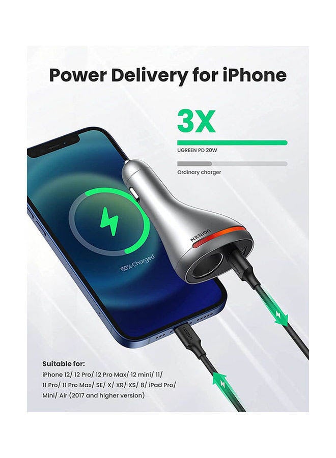 Ugreen Car Charger with Dual USB Ports Single Extension Socket (PD 20W) - Image 3