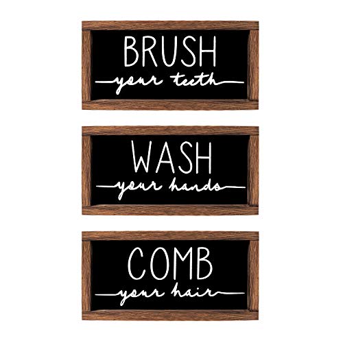 LIBWYS Bathroom Sign & Plaque (Set of 3) Wash Your Hands Brush Your Teeth Comb Your Hair Decorative Rustic Wood Farmhouse Bathroom Wall Decor (Black) - Image 1