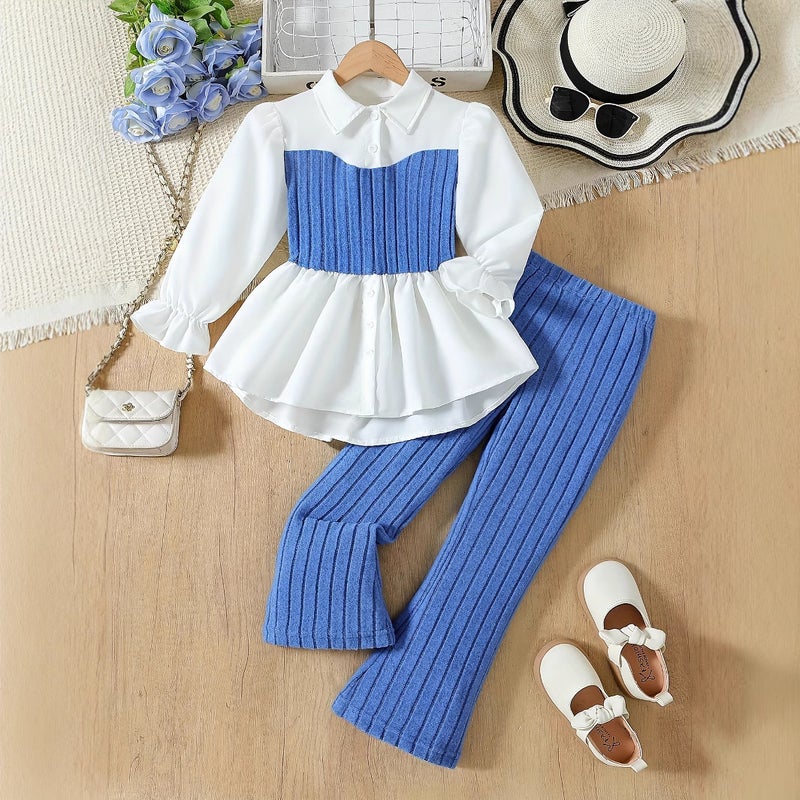 Cross-border Girls suit Pink Knitted Vest Stitching Lace Shirt Woolen Striped Trousers Children Two-piece suit Blue two piece suit