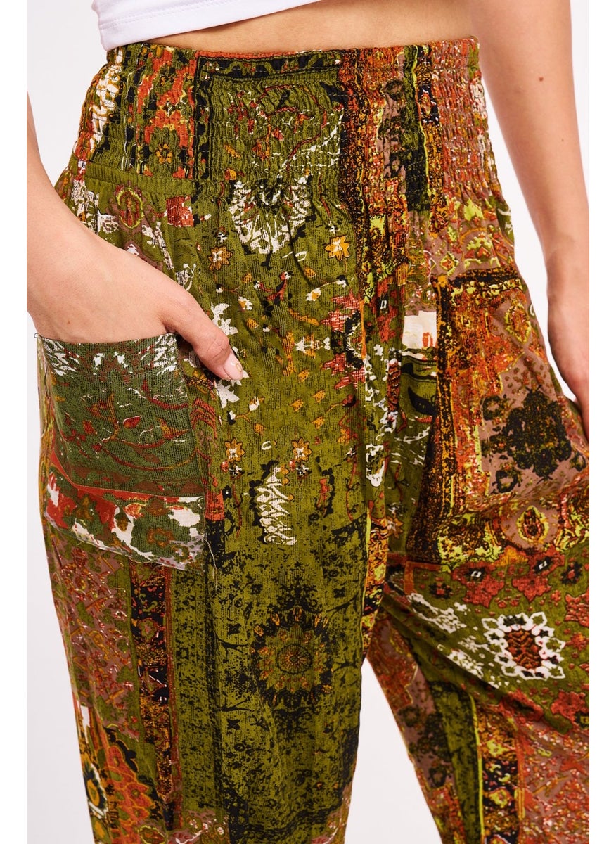 Giysa Green Ethnic Patterned Women's Shalwar Yoga Pants 100% Viscose Double Pocket - 2460  - Image 5