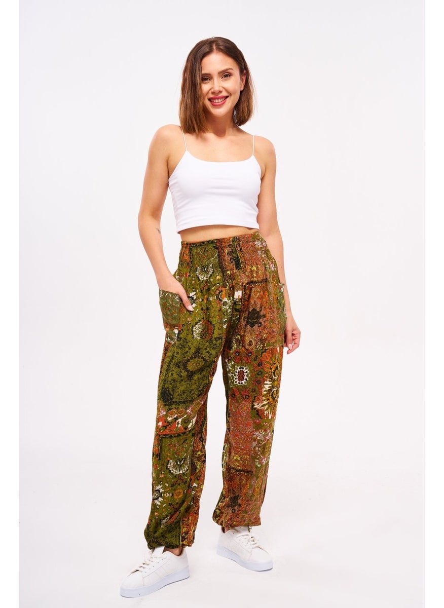 Giysa Green Ethnic Patterned Women's Shalwar Yoga Pants 100% Viscose Double Pocket - 2460  - Image 1
