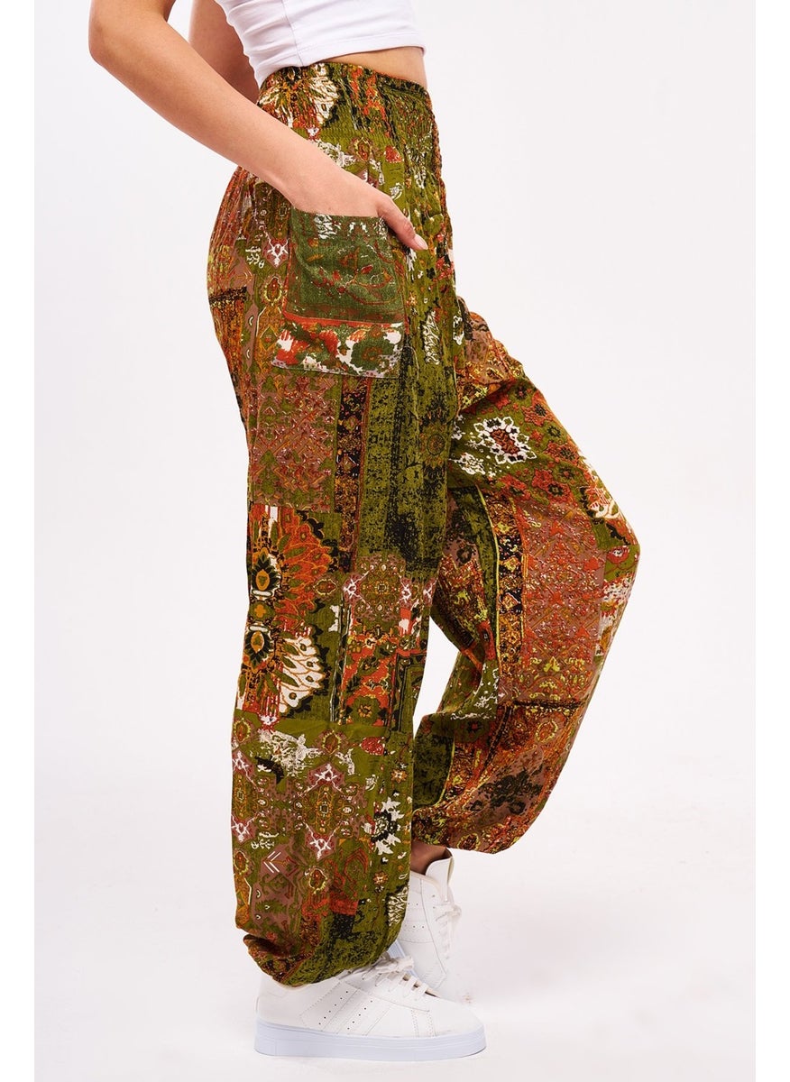 Giysa Green Ethnic Patterned Women's Shalwar Yoga Pants 100% Viscose Double Pocket - 2460  - Image 3