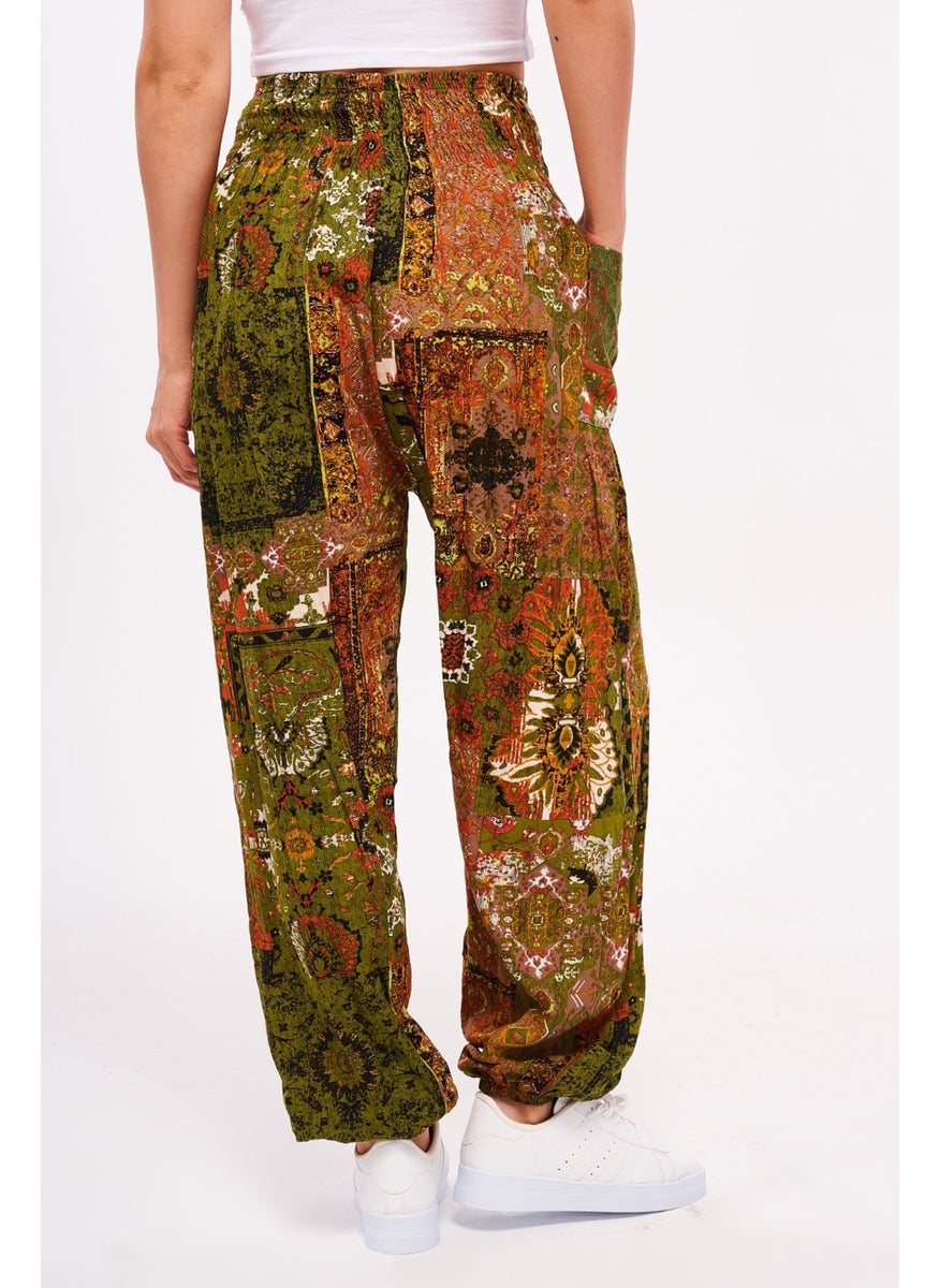 Giysa Green Ethnic Patterned Women's Shalwar Yoga Pants 100% Viscose Double Pocket - 2460  - Image 4