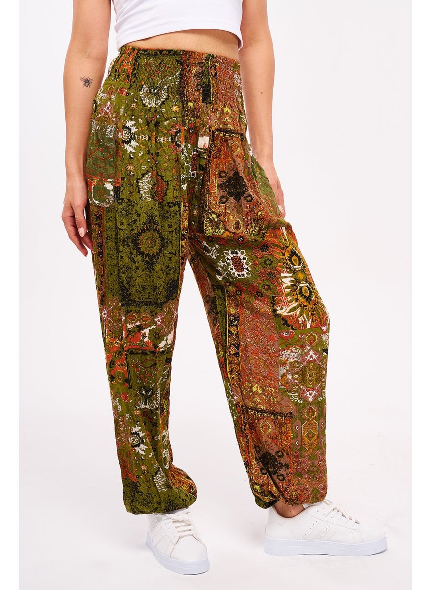 Giysa Green Ethnic Patterned Women's Shalwar Yoga Pants 100% Viscose Double Pocket - 2460  - Image 2