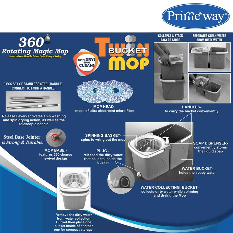 Primeway ® دلو مزدوج بلاستيكي SS دوار 360 لتنظيف الأرضيات مع فاصل للماء النظيف والوسخ مع 2 إعادة تعبئة من الألياف الدقيقة 38 سم، 6 لتر، رمادي - Image 4