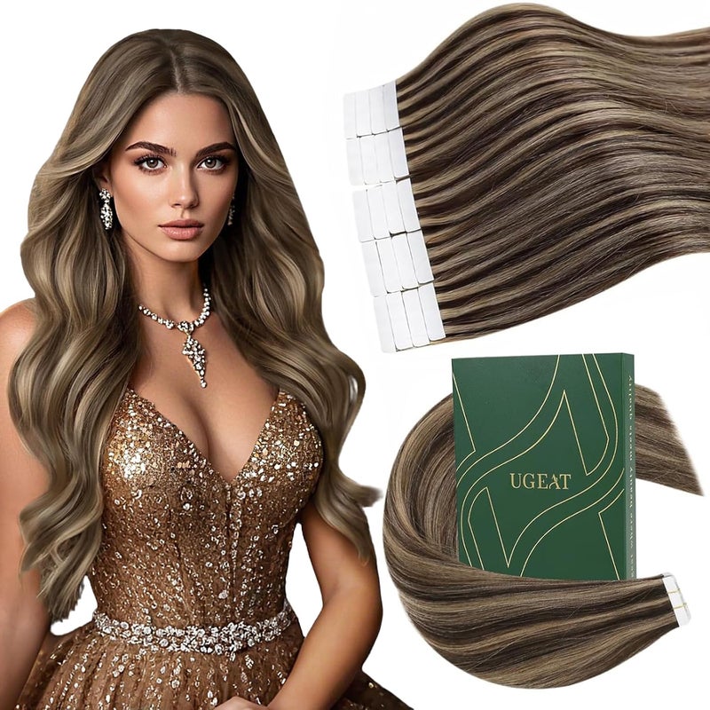 Ugeat Tape in Hair Extensions Real Human Hair Highlights Tape in Human Hair Extensions Dark Brown Highlight Caramel Blonde Lightweight Design for Short 12 Inch Shoulder Length 20pcs 30G