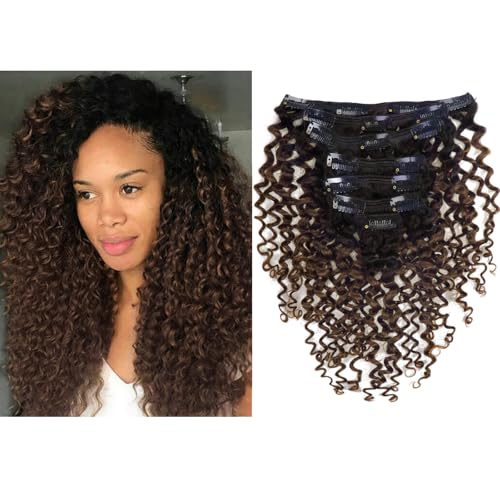 Lacer Jerry Curly Clip in Human Hair Extensions Real Remy 100 Brazilian Virgin Hair 120G Balayage Natural Black Fading into Dark Brown 1B4 7 PiecesSet 1022 Inch 20 inch Jerry Curly 1B4