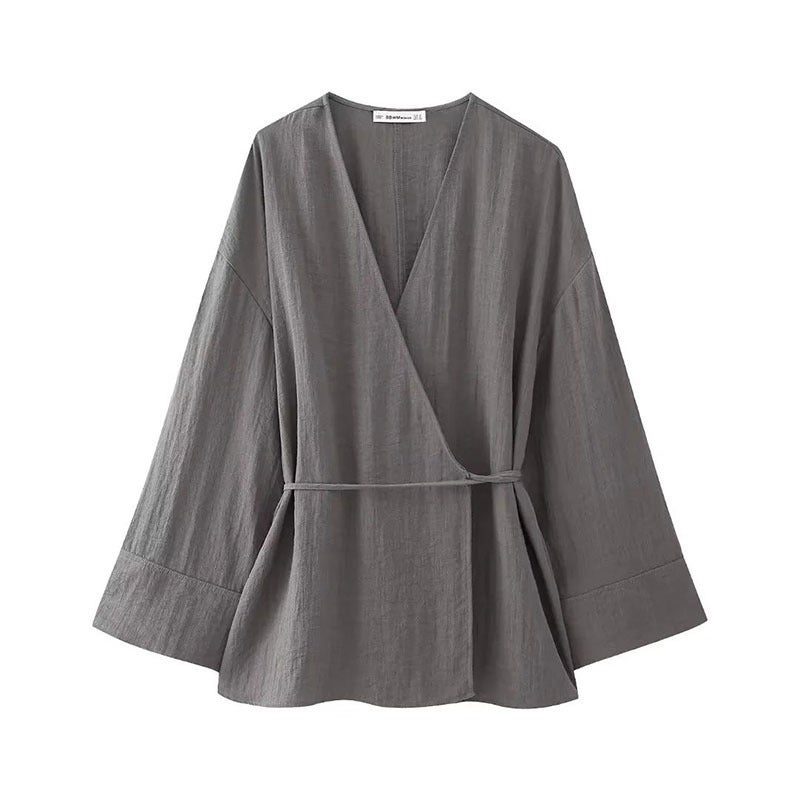 Amazon womens wholesale 2024 new double placket comfortable linen kimono pants suit women gray top