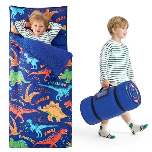 JOIEDOMI Toddler Sleeping Bag for Kids 55x30 Nap Mat with Removable Pillow and Minky Blanket for Toddler Ages 37 Roll Up Kids Sleeping Bag for Boys Girls Kindergarten Daycare Colorful Dinosaur - Image 1