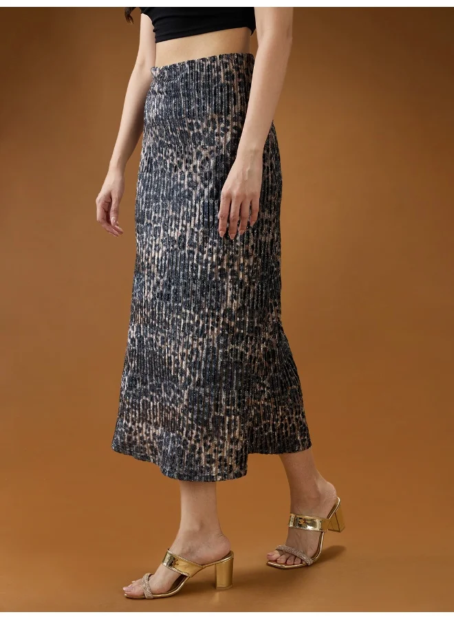 globus Women Black Lurex Pleated Leopard Print Shimmer Detailing Mid-Rise A-Line Midi Skirt