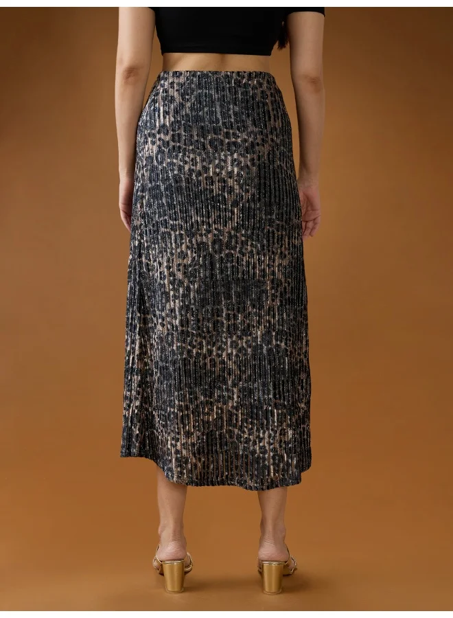 globus Women Black Lurex Pleated Leopard Print Shimmer Detailing Mid-Rise A-Line Midi Skirt