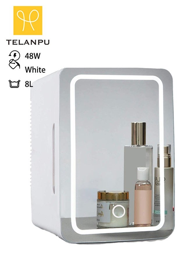 TELANPU 8L Mini Fridge with LED Lighted Mirror Door, 3 Brightness Levels, Portable Thermoelectric Cooler and Warmer for Skincare, Cosmetics, Food, Drinks - for Bedroom, Office, Dorm, Car (White)  - Image 1