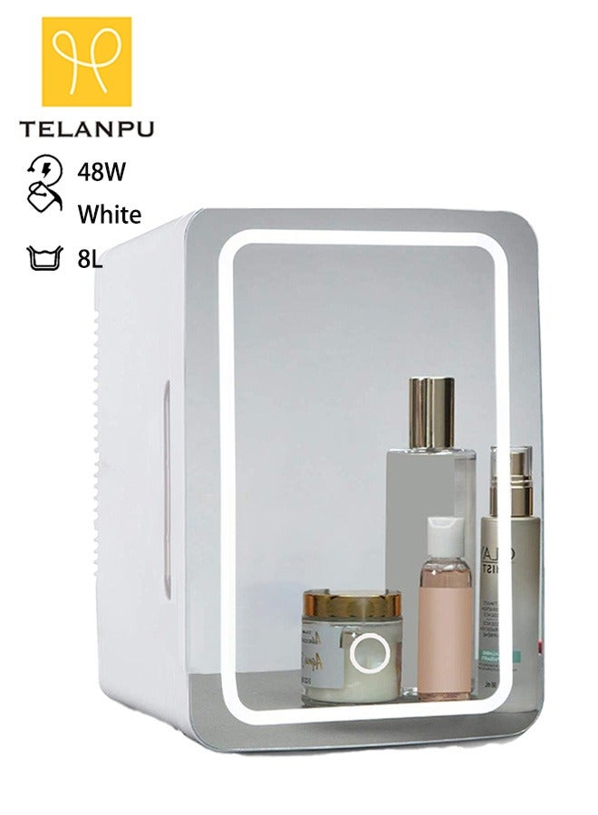 8L Mini Fridge with LED Lighted Mirror Door, 3 Brightness Levels, Portable Thermoelectric Cooler and Warmer for Skincare, Cosmetics, Food, Drinks - for Bedroom, Office, Dorm, Car (White)