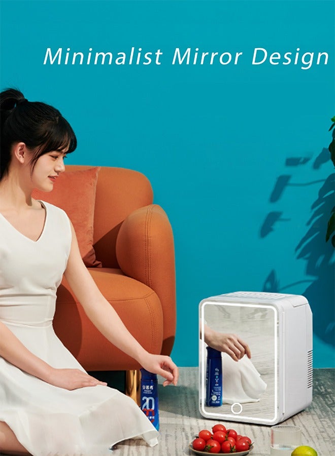 8L Mini Fridge with LED Lighted Mirror Door, 3 Brightness Levels, Portable Thermoelectric Cooler and Warmer for Skincare, Cosmetics, Food, Drinks - for Bedroom, Office, Dorm, Car (White)