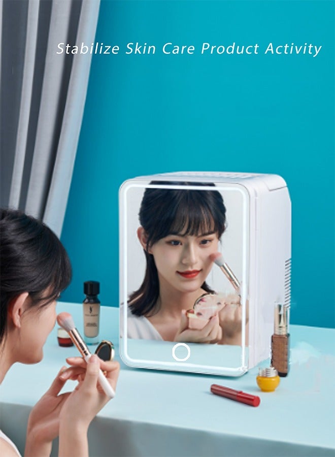 8L Mini Fridge with LED Lighted Mirror Door, 3 Brightness Levels, Portable Thermoelectric Cooler and Warmer for Skincare, Cosmetics, Food, Drinks - for Bedroom, Office, Dorm, Car (White)