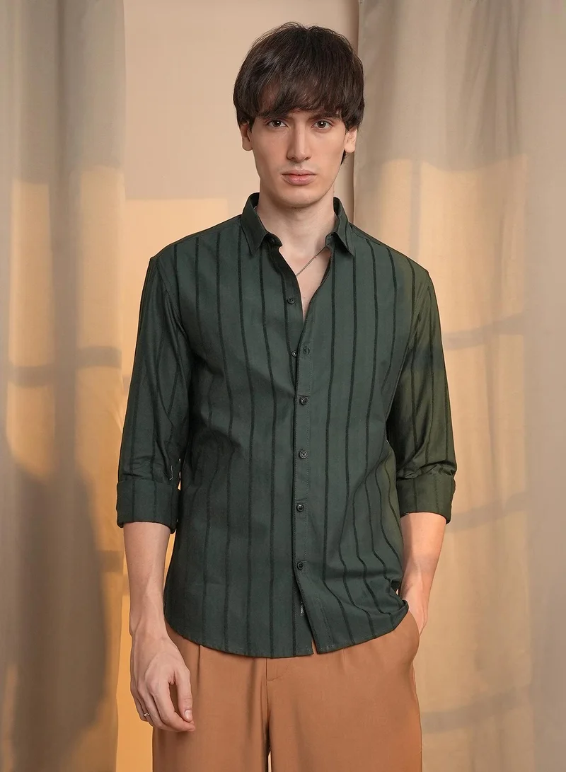 Campus Sutra Men's Jungle Green Pencil-Striped Shirt