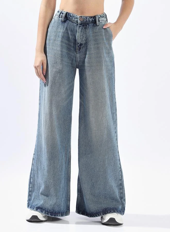 HIGH STAR Indigo Wide Leg Jeans for Women Wide Leg Fit 100% Cotton Button Closure