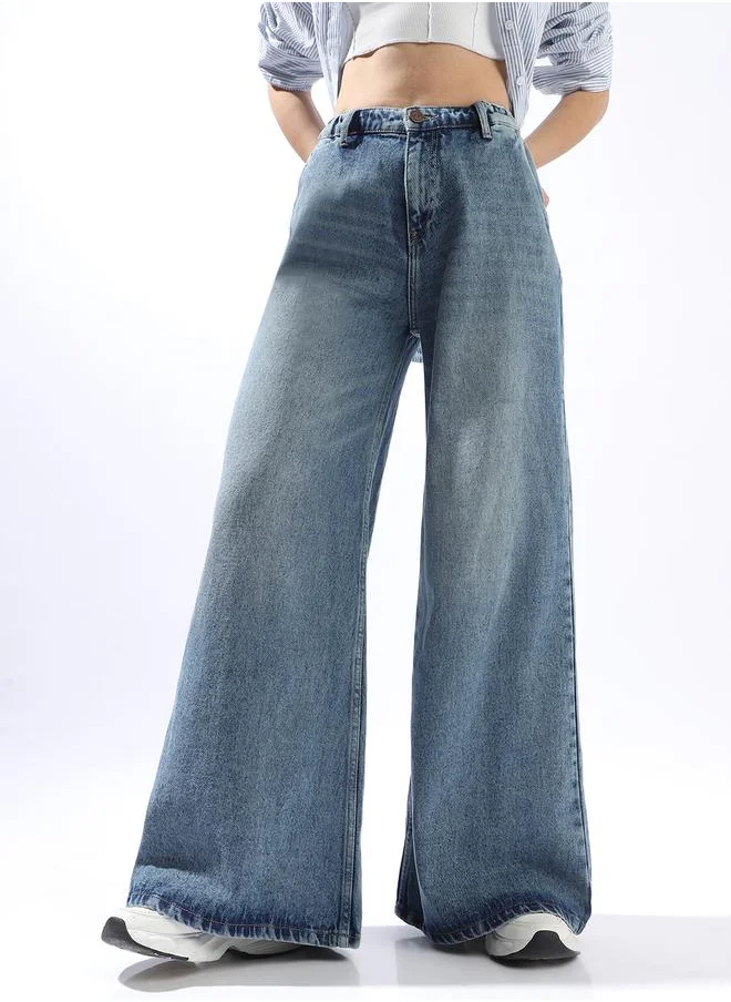 HIGH STAR Indigo Wide Leg Jeans for Women Wide Leg Fit 100% Cotton Button Closure