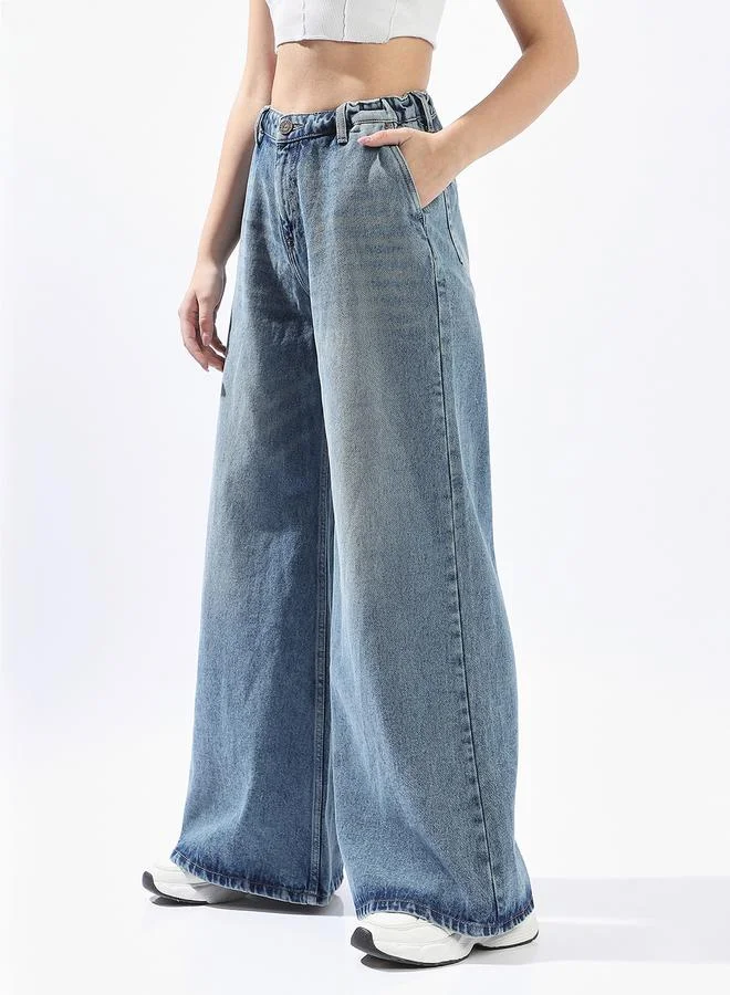 HIGH STAR Indigo Wide Leg Jeans for Women Wide Leg Fit 100% Cotton Button Closure