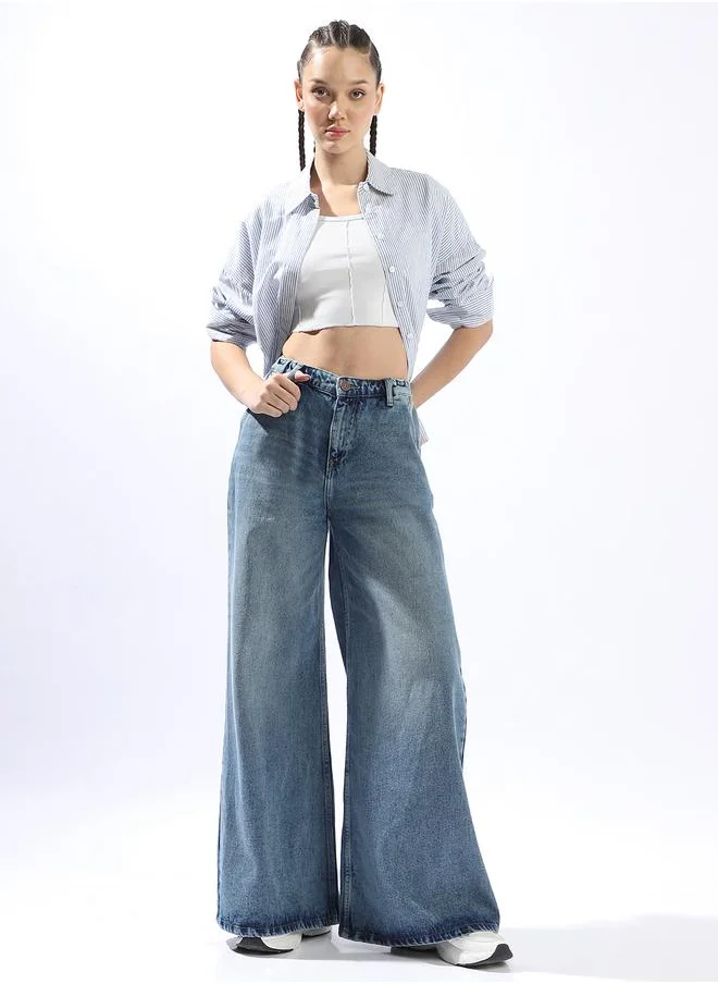 HIGH STAR Indigo Wide Leg Jeans for Women Wide Leg Fit 100% Cotton Button Closure