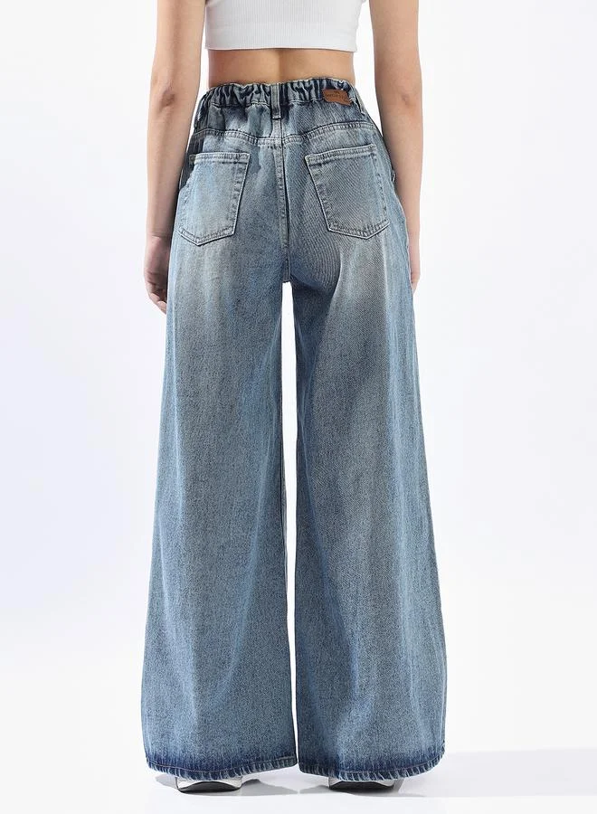 HIGH STAR Indigo Wide Leg Jeans for Women Wide Leg Fit 100% Cotton Button Closure