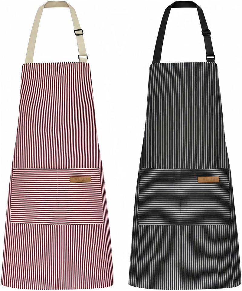 NLUS 2 Pack Kitchen Cooking Aprons Adjustable Bib Soft Chef Apron with 2 Pockets for Men Women Black PinstripesPink Pinstripes