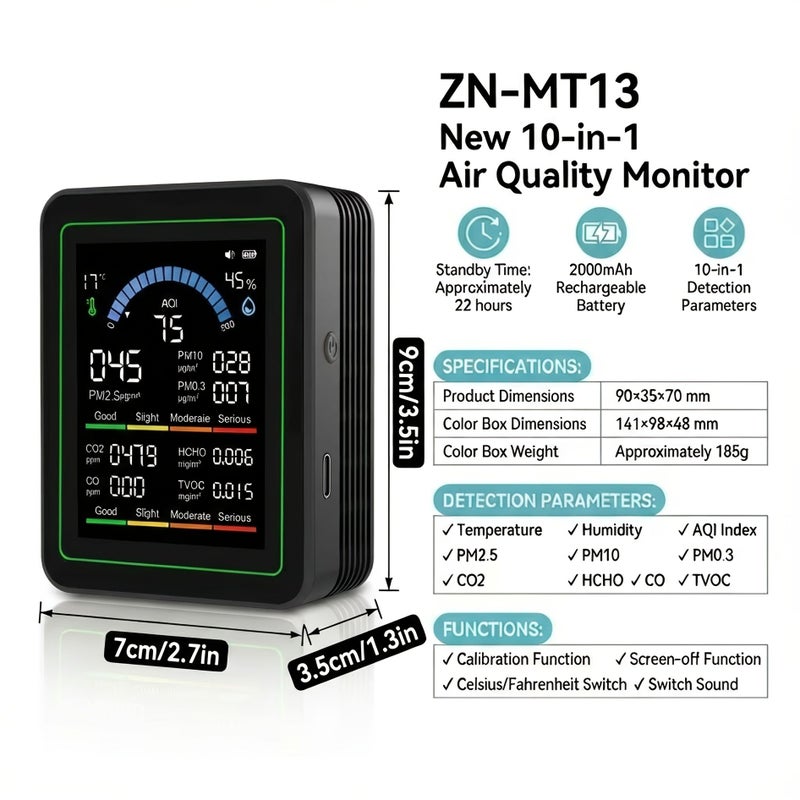 Portable 10 In 1 Air Quality Monitor White Detects AQI PM2.5 PM10 PM0.3 CO2 Carbon Dioxide CO Carbon Monoxide TVOC HCHO Temperature Humidity USB Powered For Home Office Car Holiday Gifting - Image 2