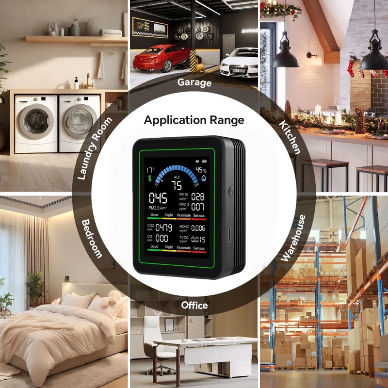 Portable 10 In 1 Air Quality Monitor White Detects AQI PM2.5 PM10 PM0.3 CO2 Carbon Dioxide CO Carbon Monoxide TVOC HCHO Temperature Humidity USB Powered For Home Office Car Holiday Gifting - Image 5