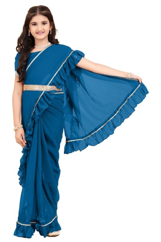 Xavima Kids Solid/Plain Georgette Belt Ready to Wear Saree With Unstitched Blouse Piece- Teal_Size : 4-5 Y - Image 1