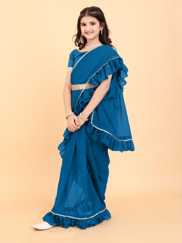 Xavima Kids Solid/Plain Georgette Belt Ready to Wear Saree With Unstitched Blouse Piece- Teal_Size : 4-5 Y - Image 3