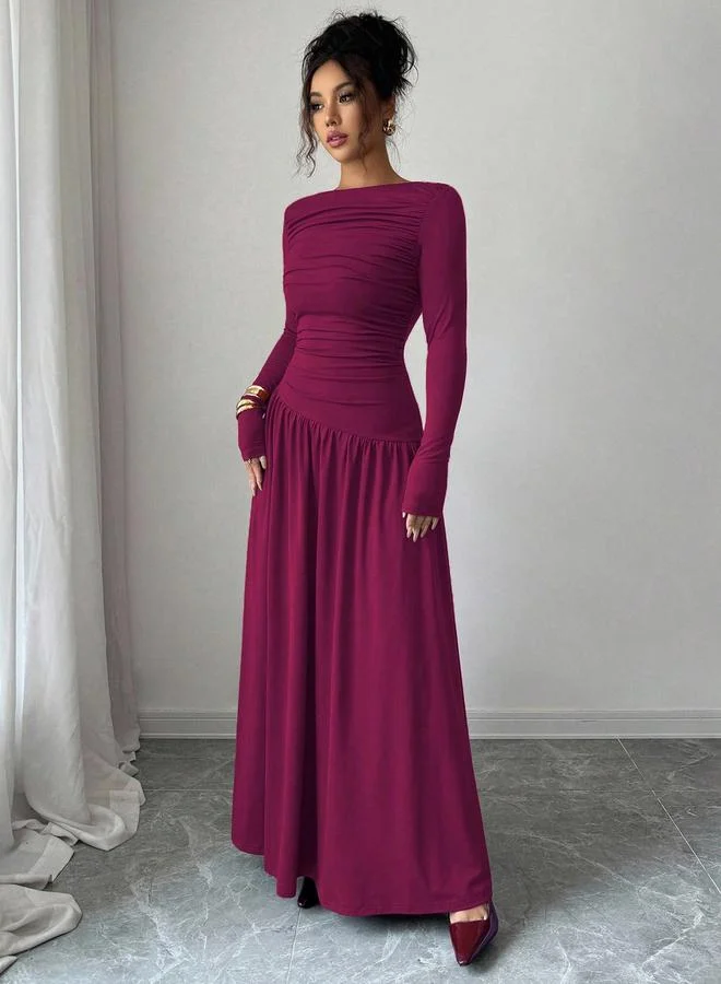 Styli  Magenta Ruched A-Line Maxi Dress for Women | Best Price UAE