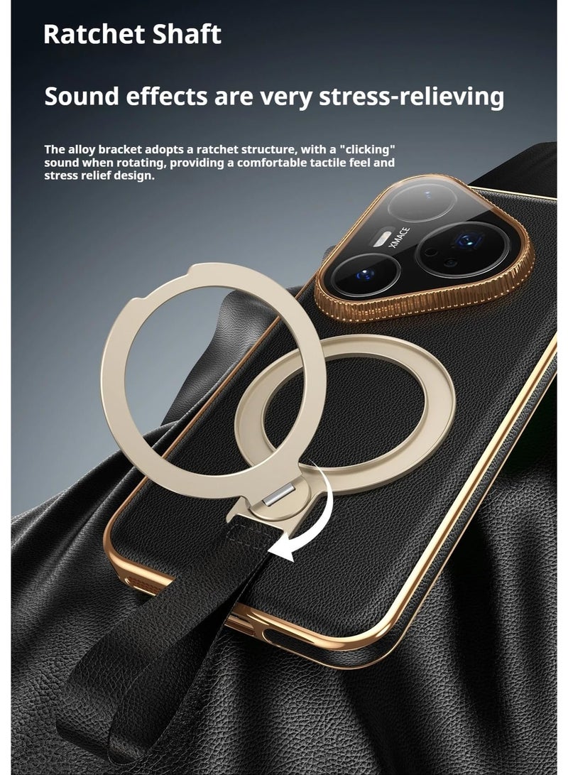 general Magnetic Case for Huawei Pura 80 Ultra 5G, Premium Leather Case with Hand Strap Wristband, 360° Rotatable Ring Stand Shockproof Back Cover with Lens Protector - Image 5