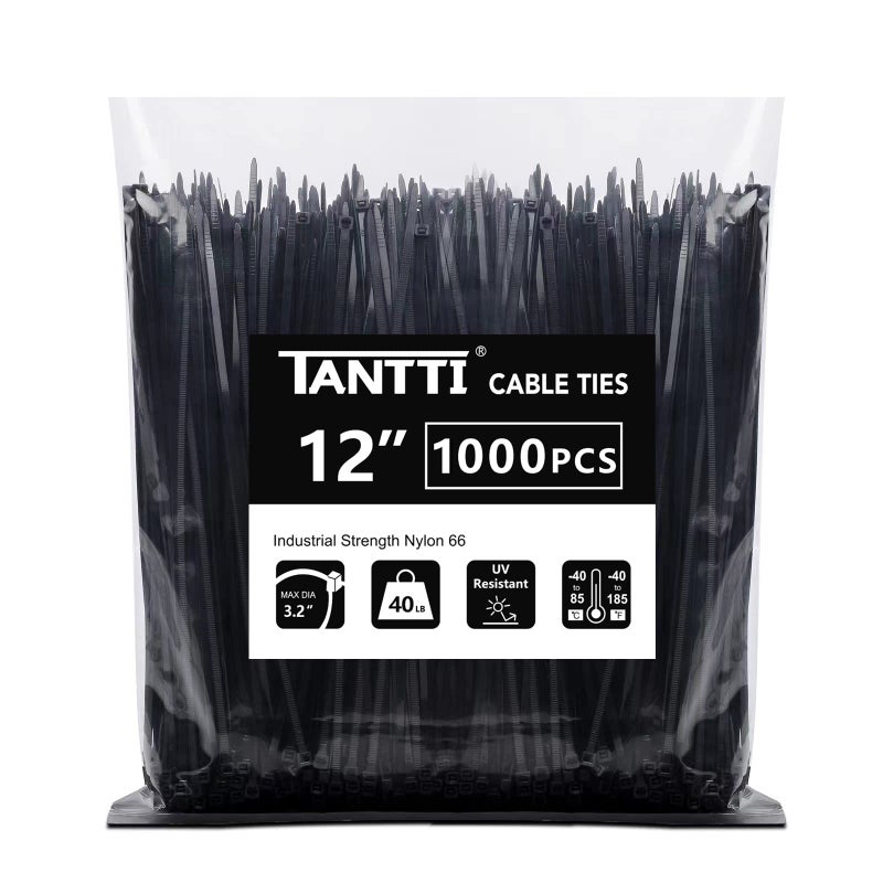 TANTTI Zip Ties 12 inch, Black Zip Ties 1000 pack, 40lb, Cable Ties, Self-locking Wire ties for indoor and outdoor use, by Tantti - Image 1