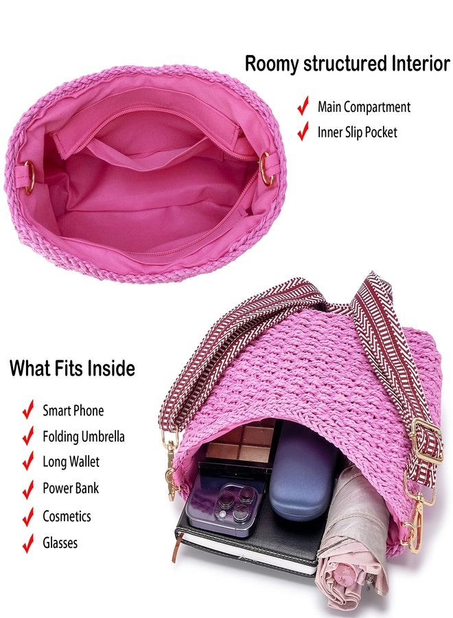 Herald Small Summer Crossbody Bags for Women, Beach Handmade Straw Woven Pocketbooks Handbag Shoulder Purse, Pink, Small - Image 5