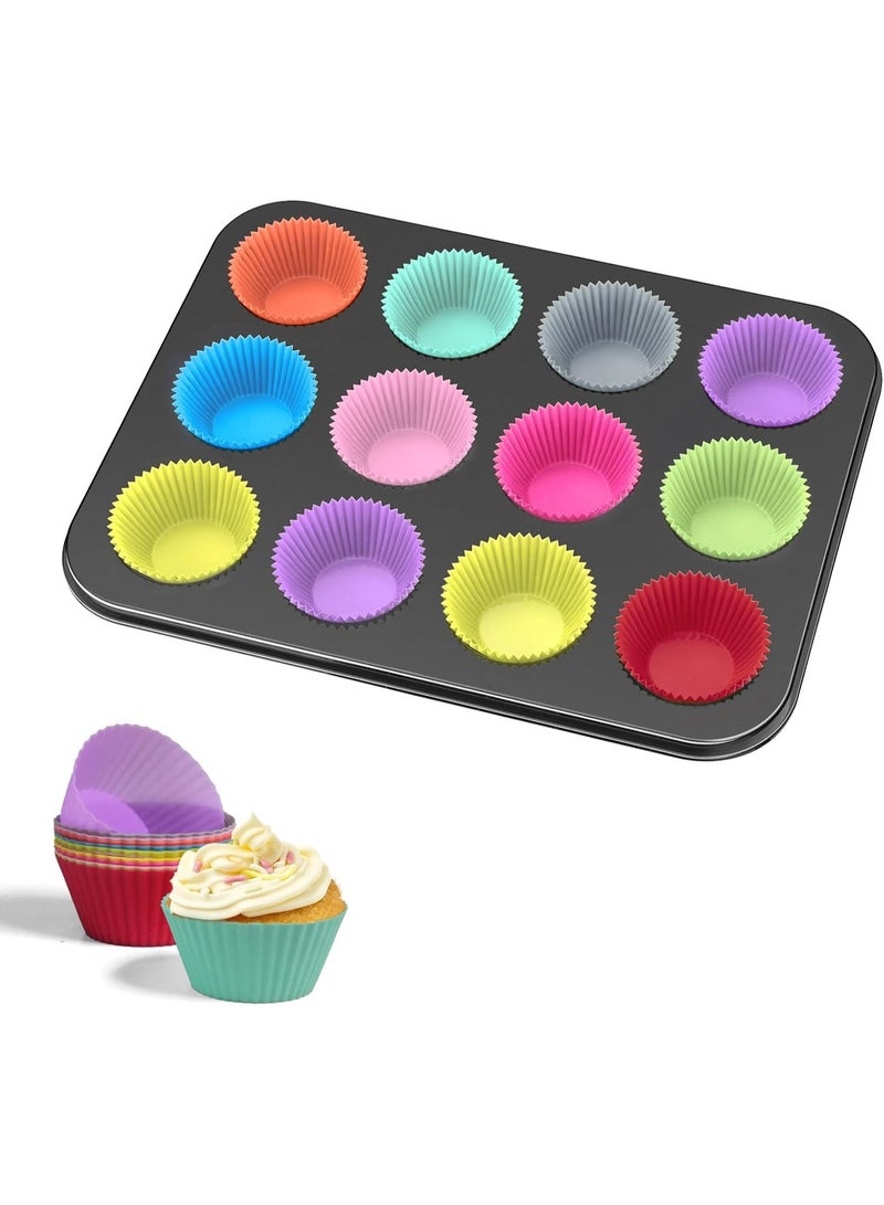 12-Cup Non-Stick Muffin Pan with Reusable Silicone Baking Cups – Premium Cupcake Baking Set for Muffins, Cupcakes, Bread, and Tarts - Image 1