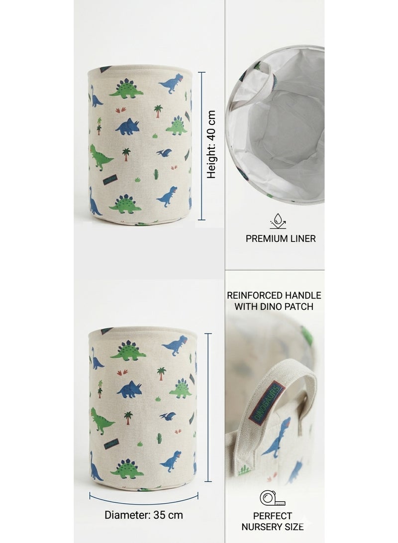 Dinosaur Laundry Basket for Kids | Foldable Toy Storage Bin with Waterproof Liner & Reinforced Handles | Large Cotton Linen Nursery Storage Basket for Toys, Clothes, Laundry & Baby Essentials | 35 x 40 cm - Image 1