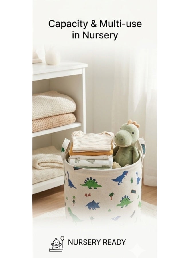 Dinosaur Laundry Basket for Kids | Foldable Toy Storage Bin with Waterproof Liner & Reinforced Handles | Large Cotton Linen Nursery Storage Basket for Toys, Clothes, Laundry & Baby Essentials | 35 x 40 cm - Image 2