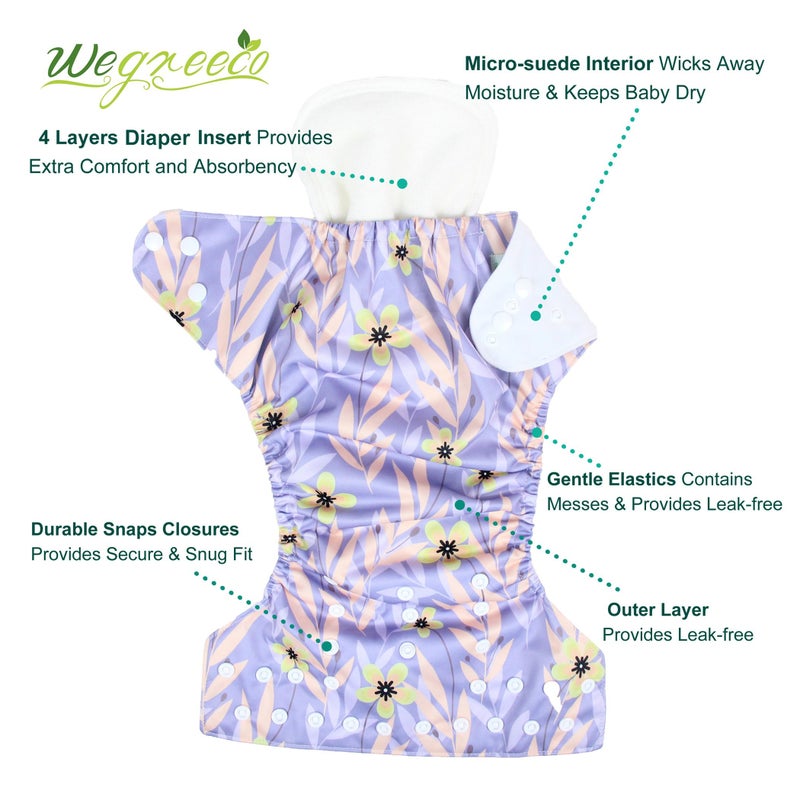 wegreeco Cloth Diapers 6 Pack with 6 Inserts & 1 Wet Bag, Washable Cloth Diapers for Babies, One Size Adjustable Reusable (Leaves, Animals) - Image 2