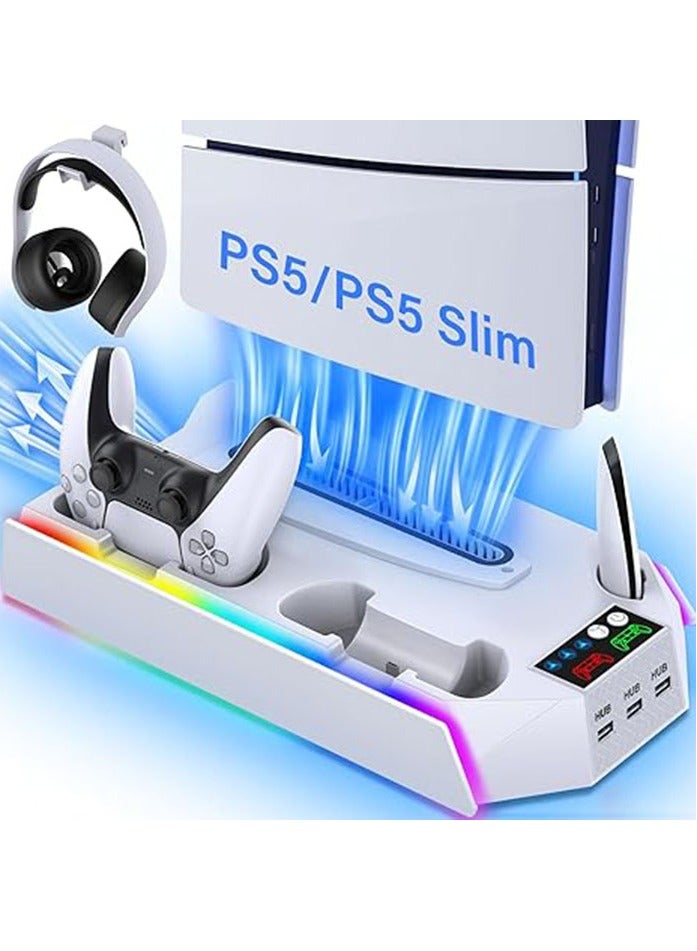 PS5 / PS5 Slim Cooling Station Stand RGB with Dual Controller Charging Station for PlayStation 5 Console, PS 5 Accessories Incl. Controller Charger, Cooling Fan, Headset Holder,White  - Image 1