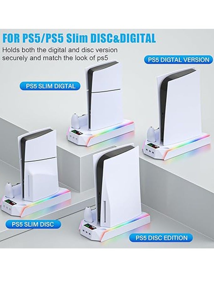 PS5 / PS5 Slim Cooling Station Stand RGB with Dual Controller Charging Station for PlayStation 5 Console, PS 5 Accessories Incl. Controller Charger, Cooling Fan, Headset Holder,White  - Image 3