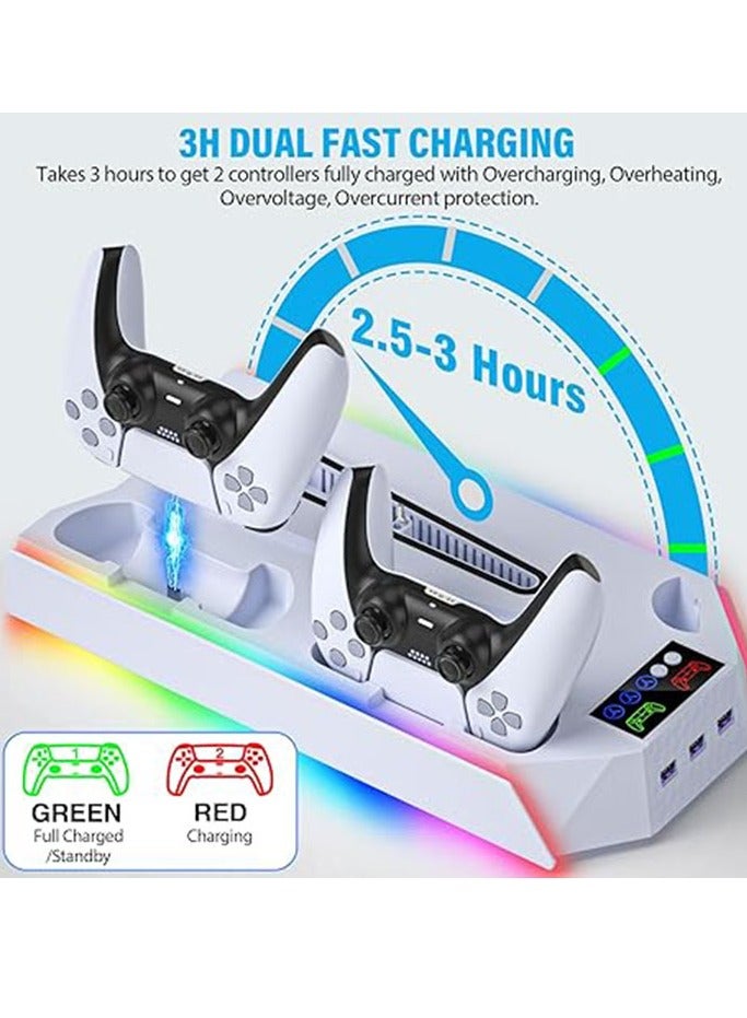 PS5 / PS5 Slim Cooling Station Stand RGB with Dual Controller Charging Station for PlayStation 5 Console, PS 5 Accessories Incl. Controller Charger, Cooling Fan, Headset Holder,White  - Image 5