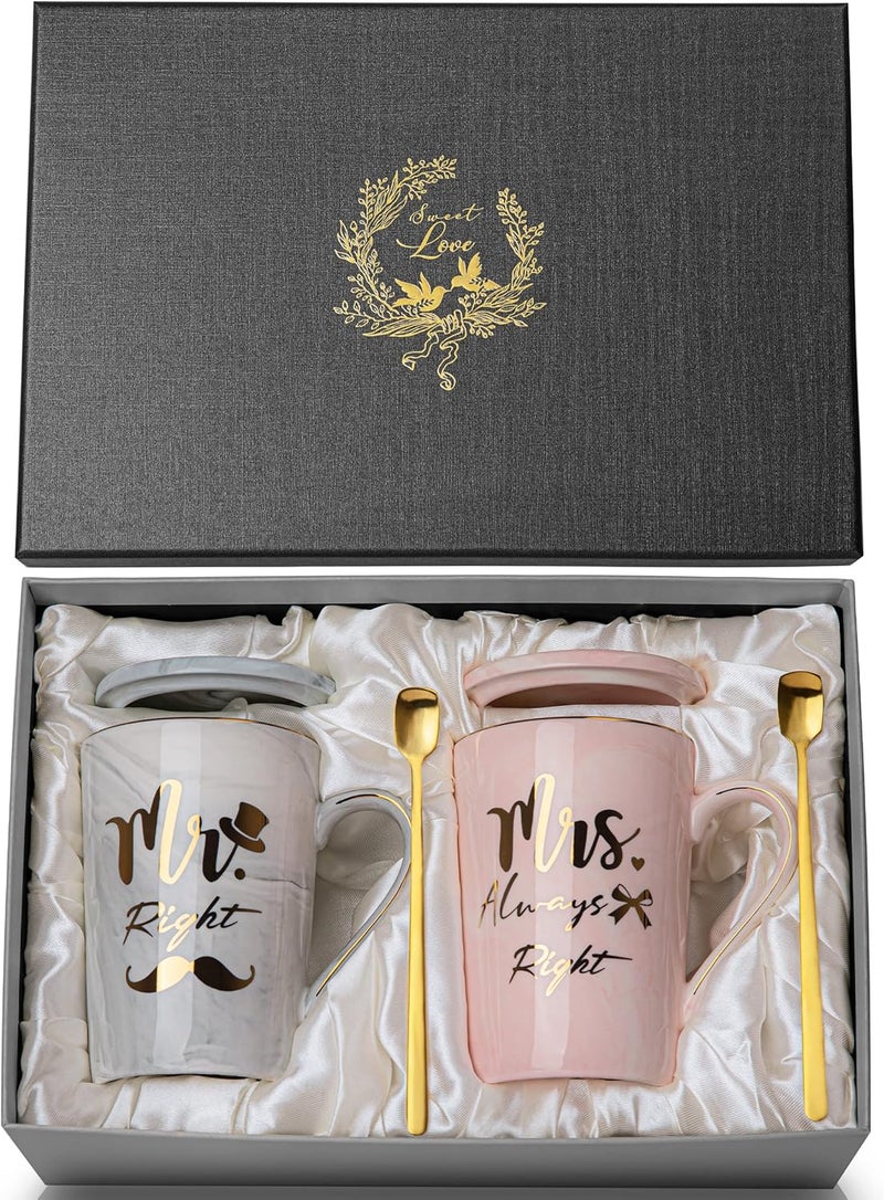 ALBISS Wedding Gifts Set For Couple, Mr And Mrs Always Right Coffee Mugs Set，14oz Ceramic Marble Cups With Lid, Spoons, Card, Gift Box，Christmas Gifts For Bride And Groom, Married Couples Anniversary - Image 1
