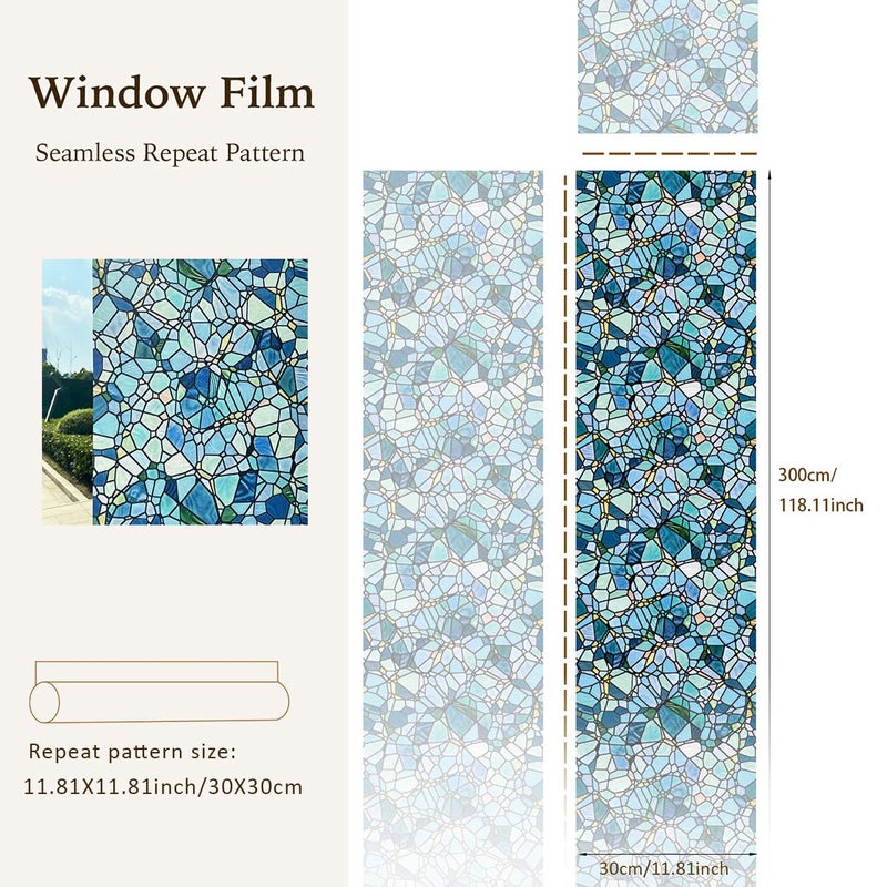 funlife Original Hand-Drawn Privacy Stained Glass Window Film, Reusable Single Sided Static Cling Glass Covers Suitable for Entryway, Decor for Bathroom Glass Window, 11.8"x118", Blue Cobblestones - Image 3